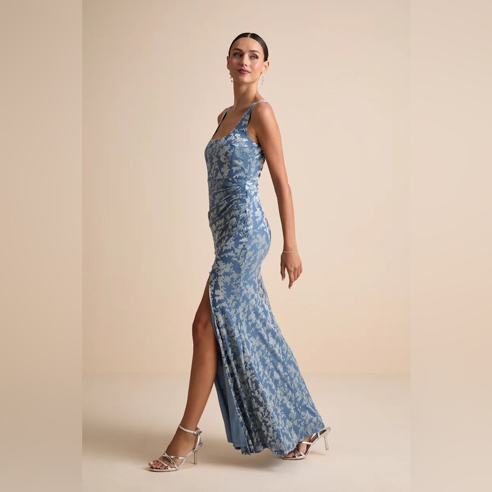 Lulus Miraya Dusty Blue Burnout Velvet Maxi Dress - Size L - Picture 2 of 4